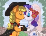  2019 absurd_res applejack_(mlp) blonde_hair blue_eyeshadow clothing cowboy_hat dress equid equine eyeshadow female female/female friendship_is_magic gloves hair hat headgear headwear hi_res horn horse latecustomer makeup mammal my_little_pony pony ponytail purple_hair rarity_(mlp) stetson unicorn veil wedding wedding_dress wedding_veil 