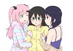  3girls :o ;d animal_hood arm_hug back bags_under_eyes black_hair blush bunny_hood camisole colored_stripes commentary_request from_side girl_sandwich green_eyes hair_bobbles hair_ornament hair_tie hand_holding highres hood kuroki_tomoko long_hair loungewear mohya multiple_girls nemoto_hina one_eye_closed open_mouth pajamas pink_hair pom_pom_(clothes) profile purple_camisole purple_eyes sandwiched simple_background smile striped striped_hoodie tamura_yuri watashi_ga_motenai_no_wa_dou_kangaetemo_omaera_ga_warui! white_background yellow_pajamas 