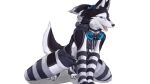  16:9 blue_eyes canid canine canis clothing crop_top domestic_dog girly headphones hi_res husky leash legwear male mammal nordic_sled_dog ponytail shirt simple_background spitz stockings topwear unknown_artist white_background 