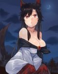  1girl :o animal_ear_fluff animal_ears bangs bare_shoulders black_hair blue_sky breasts brooch cloud collarbone commentary_request crescent_moon dress feet_out_of_frame hair_between_eyes imaizumi_kagerou jewelry kasuka_(kusuki) large_breasts long_hair long_sleeves looking_at_viewer moon mountain night night_sky off-shoulder_dress off_shoulder outdoors parted_lips red_eyes sidelocks sitting sky solo tail touhou tree white_dress wolf_ears wolf_tail 