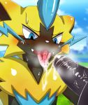  ambiguous_focus ambiguous_gender blush cum cum_on_tongue felid fur hi_res humanoid_penis legendary_pok&eacute;mon male male/ambiguous mammal nintendo open_mouth penis pok&eacute;mon pok&eacute;mon_(species) solo_focus tongue video_games wycicus yellow_fur zeraora 