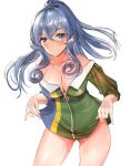  1girl alternate_costume blue_eyes blue_hair breasts cleavage collarbone commentary_request dress dress_lift eriyama_(user_csua4255) gluteal_fold gotland_(kantai_collection) highres kantai_collection long_hair looking_at_viewer medium_breasts mole mole_under_eye multicolored multicolored_clothes multicolored_dress open_clothes ponytail short_dress simple_background smile solo white_background 