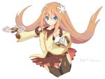  bangs black_legwear blue_eyes blush brown_hair detached_sleeves flower gloves hair_flower hair_ornament marta_lualdi simple_background skirt solo tagme tales_of_(series) tales_of_symphonia tales_of_symphonia_knight_of_ratatosk weapon 