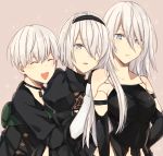  1boy 2girls blue_eyes eyebrows_visible_through_hair eyes_closed hair_between_eyes hair_over_one_eye hairband highres kurosawa_kazuto multiple_girls nier nier_(series) nier_automata sparkle yorha_no._2_type_b yorha_no._9_type_s yorha_type_a_no._2 