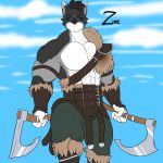  1:1 anthro armor canid canine canis clothed clothing cloud hi_res looking_at_viewer male mammal melee_weapon muscular muscular_male outside polearm scythe solo standing weapon wolf zeromccall 