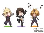  3boys armor blonde_hair blue_eyes boots brown_hair buster_sword cloud_strife dancing detached_sleeves earrings everyone eyes_closed final_fantasy final_fantasy_vii final_fantasy_viii final_fantasy_x fingerless_gloves gloves gunblade huge_weapon jacket jewelry male_focus multiple_boys musical_note necklace open_mouth short_hair smile solo spiked_hair squall_leonhart sword tidus weapon 
