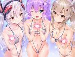  3girls alternate_breast_size alternate_costume amasora_taichi animal_ears ayanami_(azur_lane) azur_lane bangs bare_shoulders between_breasts blush breast_press breasts bunny_ears collarbone commentary_request cowboy_shot eyebrows_visible_through_hair eyepatch_bikini fake_animal_ears from_side front-tie_top green_eyes groin hair_between_eyes hand_between_breasts headgear high_ponytail javelin_(azur_lane) laffey_(azur_lane) light_brown_hair looking_at_viewer medium_breasts multiple_girls navel one_eye_closed open_mouth ponytail purple_hair revealing_clothes shiny shiny_hair shiny_skin silver_hair slingshot_swimsuit small_breasts swimsuit thigh_gap thighs twintails 