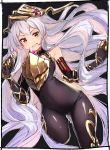  1girl bangs bare_shoulders black_bodysuit blush bodysuit breasts brown_eyes covered_navel elbow_gloves gauntlets gloves granblue_fantasy hair_between_eyes headpiece highres kei_(soundcross) lavender_hair long_hair looking_at_viewer medusa_(shingeki_no_bahamut) open_mouth pointy_ears shingeki_no_bahamut smile solo tail thighs very_long_hair 