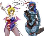  2girls ? alternate_costume american_flag animal_ears armor bare_shoulders blonde_hair blue_armor blue_hair bodysuit breasts bunny_ears bunny_tail bunnysuit chain_necklace cleavage clownpiece collarbone colored_eyelashes commentary_request cowboy_shot earrings elbow_gloves english_text eyeliner facial_tattoo fairy_wings fake_animal_ears fake_tail fishnet_pantyhose fishnets frown gas_mask gloves gun gun_request hairband highres jewelry large_breasts leotard long_hair looking_at_another makeup mallet medium_hair multiple_girls orange_eyes pale_skin pantyhose parted_lips power_armor purple_gloves purple_hairband rebreather red_eyes ryuuichi_(f_dragon) seiran_(touhou) sharp_teeth simple_background skull skull_necklace staff sweat tail tattoo teeth thought_bubble torch_earrings touhou weapon white_background wings 