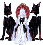  1girl absurdly_long_hair animal bangs black_dog chair collar crown dog frills hands_together highres long_hair long_sleeves looking_at_viewer original oversized_animal shirone_(coxo_ii) simple_background sitting solo very_long_hair white_background white_collar white_hair yellow_eyes 