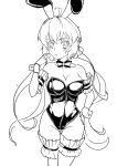  1girl animal_ears armband bare_shoulders blush breasts bunny_ears bunnysuit cleavage detached_collar finger_to_cheek garters greyscale groin hand_on_hip long_hair medium_breasts monochrome senki_zesshou_symphogear solo thigh_gap ume_milk upper_body wagomugen white_background wrist_cuffs yukine_chris 