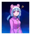  1girl :&lt; ? animal_hood blue_hair commentary english_commentary eyebrows_visible_through_hair eyes_visible_through_hair fur-trimmed_hood hood long_hair long_sleeves looking_at_viewer low_twintails nixie_(rabi_ribi) outline pink_coat pink_eyes rabi-ribi solo speckticuls twintails upper_body white_outline 