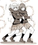  +++ 2girls :d ankle_boots bangs bonkara_(sokuseki_maou) boots commentary eyebrows_visible_through_hair eyes_closed floral_background flying_sweatdrops full_body girls_und_panzer greyscale itsumi_erika jacket kuromorimine_military_uniform long_hair long_sleeves military military_uniform miniskirt monochrome multiple_girls nishizumi_miho open_mouth pleated_skirt pose short_hair skirt smile socks standing uniform v-shaped_eyebrows 