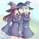  2girls artist_name blonde_hair blue_eyes blush brown_hair diana_cavendish eyes_closed hand_holding hat highres kagari_atsuko little_witch_academia long_hair luna_nova_school_uniform multiple_girls school_uniform sleeves_past_wrists smile twitter_username wide_sleeves witch_hat yuri yurifucker 