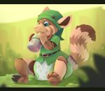  absurd_res ailurid ambiguous_gender bottle cosplay cub cuddlehooves diaper drinking feet grass hi_res hooves horn hybrid mammal nintendo red_panda sitting smile the_legend_of_zelda video_games young 