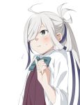  1girl ahoge asashimo_(kantai_collection) flying_sweatdrops grey_eyes hair_over_one_eye halterneck kantai_collection long_hair long_sleeves moti_coi ponytail school_uniform shirt silver_hair simple_background solo upper_body white_background white_shirt 