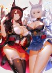  2girls absurdres akagi_(azur_lane) animal_ears asymmetrical_bangs azur_lane bangs black_legwear blue_eyes blue_skirt blunt_bangs breasts brown_hair chrysanthemum cleavage cowboy_shot eyebrows_visible_through_hair flower fox_ears fox_mask grey_background hand_in_hair higandgk highres japanese_clothes kaga_(azur_lane) kimono large_breasts long_hair looking_at_viewer mask multiple_girls obi open_clothes open_kimono parted_lips pleated_skirt red_eyes red_footwear red_skirt sash short_hair silver_hair simple_background skirt straight_hair thighhighs thighs white_legwear wide_sleeves 