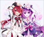  1boy 1girl aisha_landar elsword elsword_(character) eyebrows_visible_through_hair g_ieep happy_birthday heart idol long_hair purple_hair red_hair ribbon smile 