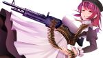  1girl absurdres ammunition ammunition_belt apron bangs blush breasts dress eyebrows_visible_through_hair gun hair_between_eyes hat highres holding holding_gun holding_weapon kuku123 large_breasts looking_at_viewer m60 machine_gun maid maid_apron open_mouth original red_eyes red_hair simple_background solo weapon white_apron white_background wrist_cuffs 