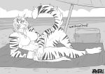  abs absurd_res anthro beach eyewear fangs felid female glasses greyscale hi_res lazydez looking_at_viewer mammal monochrome muscular muscular_female outside pantherine seaside solo thick_thighs tiger umbrella 
