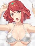  1girl :o armpits arms_up bangs bare_arms bare_shoulders bed_sheet bikini blush breasts circlet cleavage collarbone commentary erect_nipples eyebrows_visible_through_hair from_above head_tilt homura_(xenoblade_2) j@ck large_breasts looking_at_viewer lying nintendo on_back open_mouth red_eyes red_hair saliva sheet_grab short_hair solo strap_gap swept_bangs swimsuit upper_body white_bikini xenoblade_(series) xenoblade_2 