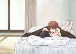  2girls ^_^ bed blush breasts brown_hair cleavage closed_eyes eyes_closed girls_und_panzer hand_in_another&#039;s_hair lying medium_breasts multiple_girls mutsu_(layergreen) nishizumi_maho nishizumi_miho on_stomach pillow short_hair siblings sisters smile the_pose under_covers window 