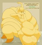  2019 absurd_res anthro asaneman balls belly big_balls big_belly dialogue dipstick_tail english_text eyes_closed fur hi_res huge_balls hyper hyper_balls male male_pred motion_lines multi_tail multicolored_tail navel ninetales nintendo pointy_ears pok&eacute;mon pok&eacute;mon_(species) post_vore simple_background soft_vore solo stretching taunting text unseen_character video_games vore weight_gain yellow_fur 