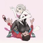  1boy 1girl \m/ ass back ballet_slippers black_hair blonde_hair bodysuit dark_skin dark_skinned_male embarrassed erect_nipples green_eyes highres hood hood_down looking_back lying marvel miles_morales on_back open_mouth shinya_komi shoes simple_background sitting sitting_on_face sitting_on_person sneakers spider-gwen spider-man:_into_the_spider-verse spider-man_(series) spider_web_print sweatdrop 