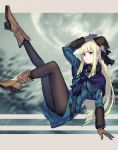  1girl absurdres ankle_boots arm_up bangs beret black_headwear black_legwear blonde_hair blue_coat blunt_bangs blurry blurry_background boots brown_footwear brown_gloves cross fate/grand_order fate_(series) flower full_body fur_collar fur_trim gloves green_eyes hair_flower hair_ornament hair_ribbon hat highres hime_cut kusano_shinta latin_cross leather leather_gloves long_hair long_sleeves lord_el-melloi_ii_case_files pantyhose purple_scarf reines_el-melloi_archisorte ribbon scarf sidelocks smirk solo texture 