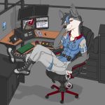  1:1 2017 absurd_res amber_eyes anthro badge bedroom_eyes big_butt black_hair blue_highlights bluetooth boots bottomwear breasts butt button_(fastener) canid canine canis caroline_bellanoir cellphone chair clothed clothing computer computer_mouse crossed_legs curvaceous domestic_dog dress_shirt ear_piercing english_text facebook female footwear fur furgonomics furry-specific_piercing gloves_(marking) grey_fur hair hair_highlights half-closed_eyes hand_on_cheek hand_on_face handcuffs hi_res husky industrial_piercing iphone keyboard leaning legwear looking_at_viewer mammal markings militia_d. monitor nordic_sled_dog office phone phrostbite piercing pointy_ears police radio seductive shackles shirt sitting skirt smartphone smile social_media socks solo spitz text thick_thighs thigh_highs topwear uniform vest white_fur 