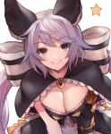  1girl :d animal_ears black_capelet blush bow breasts capelet cleavage closed_mouth granblue_fantasy hair_ribbon highres koretsuki_azuma large_breasts long_hair looking_at_viewer low_twintails open_mouth purple_eyes purple_hair ribbon satyr_(granblue_fantasy) simple_background smile solo star twintails upper_body very_long_hair white_background white_bow white_ribbon 