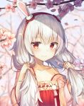  1girl animal_ears azur_lane bare_shoulders blurry blush bunching_hair bunny_ears cherry_blossoms closed_mouth collarbone depth_of_field fake_animal_ears flat_chest flower hairband hands_up highres japanese_clothes laffey_(azur_lane) lkjun_(jg010118) long_hair looking_at_viewer low_twintails off_shoulder petals pink_flower red_eyes smile solo tree_branch twintails upper_body white_hair 