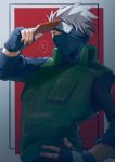  1boy book fingerless_gloves forehead_protector gloves hand_on_hip hatake_kakashi headband highres holding holding_book jacket looking_at_viewer male_focus mask naruto naruto_(series) one_eye_covered short_hair solo white_hair 
