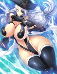  1girl breasts cleavage curvy eyepatch haganef hat highleg highleg_leotard highres huge_breasts legs_together leotard long_hair low-tied_long_hair no_bra revealing_clothes solo thigh_gap thighhighs wide_hips 