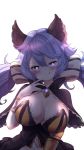  1girl :q animal_ears bangs black_capelet blush breasts capelet cleavage closed_mouth eyebrows_visible_through_hair frilled_capelet frills granblue_fantasy hair_between_eyes hair_ribbon hand_up heart heart-shaped_pupils highres large_breasts long_hair looking_at_viewer low_twintails purple_hair rayno ribbon satyr_(granblue_fantasy) simple_background smile solo symbol-shaped_pupils tongue tongue_out twintails upper_body very_long_hair 