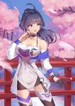  1girl ahoge bare_shoulders blue_eyes blush breasts bridge cherry_blossoms choker cleavage collarbone commentary_request eyebrows_visible_through_hair gloves high_ponytail highres honkai_(series) honkai_impact_3rd jacket large_breasts liu_lan long_hair long_sleeves looking_away mismatched_legwear open_clothes open_jacket open_mouth outdoors purple_hair raiden_mei raiden_mei_(striker_fulminata) see-through sidelocks single_glove smile solo thighhighs tree very_long_hair 