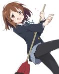  1girl black_legwear blue_jacket blue_skirt broom brown_eyes brown_hair hirasawa_yui ixy jacket k-on! pantyhose pleated_skirt sakuragaoka_high_school_uniform school_uniform short_hair simple_background skirt smile solo unconventional_guitar upper_body white_background 