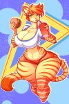  2019 absurd_res anthro beverage big_breasts breasts burger cleavage clothed clothing domestic_cat drinking eyelashes felid feline felis female food green_eyes hair hi_res holding_food holding_object jaeh looking_at_viewer loree mammal orange_hair short_hair solo stripes thick_thighs wide_hips 