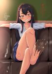  1girl barefoot black_hair blush brown_eyes chocolate couch dark_skin feet grin hair_ornament hairclip ijiranaide_nagatoro-san legs_crossed long_hair looking_at_viewer nagatoro sitting smile soles toes 