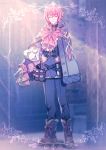  1boy belt blue_pants blurry blurry_background book boots bow creatures_(company) eyes_closed facing_viewer full_body game_freak gen_5_pokemon gloves indoors male_focus moe_(hamhamham) musharna nintendo pants personification pink_bow pink_hair pokemon potion standing vial white_gloves 