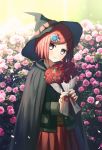  1girl bob_cut brown_eyes cape closed_mouth commentary danganronpa flower hair_ornament hairclip hat holding holding_flower jacket long_sleeves looking_at_viewer new_danganronpa_v3 pink_flower red_flower red_hair red_rose red_skirt rose school_uniform short_hair skirt smile solo ssumbi witch_hat yumeno_himiko 