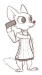  2018 ambiguous_gender anthro barefoot brown_theme canid canine cheek_tuft choker clothed clothing disney fox fuel_(artist) gun handgun holding_object holding_weapon imminent_death mammal monochrome pistol ranged_weapon simple_background skye_(zootopia) smile solo standing tuft weapon white_background zootopia 