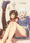  2girls cape dress high_heels hood laughing multiple_girls ruby_rose rwby silver_eyes thighhighs wedge_heels weiss_schnee white_hair 