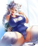  1girl alternate_costume animal_ears asymmetrical_hair blue_swimsuit blush braid breasts brown_eyes cat_ears kantai_collection large_breasts long_hair looking_at_viewer paw_pose school_swimsuit silver_hair single_braid sitting smile swimsuit thighhighs twitter_username unryuu_(kantai_collection) very_long_hair wavy_hair wet wet_clothes wet_swimsuit white_legwear yamaarashi 