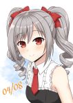  1girl bow eyebrows_visible_through_hair frilled_bow frilled_shirt frills hair_between_eyes hair_bow highres idolmaster idolmaster_cinderella_girls kanzaki_ranko kurisu-kun long_hair necktie red_bow red_eyes red_neckwear shiny shiny_hair shirt short_necktie silver_hair sleeveless sleeveless_shirt smile solo upper_body white_background wing_collar 