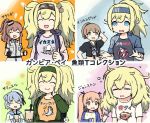  5girls alternate_costume black_shirt blonde_hair blue_eyes blue_hair breasts brown_hair character_name clothes_removed commentary_request dixie_cup_hat drink fish gambier_bay_(kantai_collection) hairband hat intrepid_(kantai_collection) johnston_(kantai_collection) kaku_choushi kantai_collection large_breasts long_hair military_hat multiple_girls multiple_views orange_shirt pajamas pillow pink_shirt ponytail samuel_b._roberts_(kantai_collection) saratoga_(kantai_collection) school_uniform serafuku shark shirt short_hair squid t-shirt thumbs_up twintails two_side_up upper_body white_shirt 