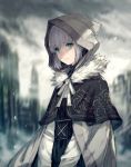  1girl absurdres aqua_eyes bangs black_capelet black_dress blurry blurry_background cape capelet closed_mouth cloud cloudy_sky depth_of_field dress eyebrows_visible_through_hair fate_(series) fur_trim gray_(lord_el-melloi_ii) grey_cape highres hood hood_up kusano_shinta long_sleeves looking_at_viewer lord_el-melloi_ii_case_files outdoors ribbon shaded_face short_hair silver_hair sky solo upper_body white_ribbon white_sleeves 