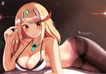  1girl bangs bed blonde_hair bra breasts chinchongcha cleavage_cutout earrings gem headpiece highres hikari_(xenoblade_2) jewelry large_breasts long_hair looking_at_viewer nintendo pantyhose simple_background smile solo swept_bangs thigh_strap tiara underwear xenoblade_(series) xenoblade_2 yellow_eyes 