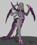  angelia_the_eldritch_horror anthro blade_arm breasts claws clothed clothing digital_media_(artwork) eldritch fangs female hi_res humanoid magra123 simple_background skimpy solo tattoo teeth 