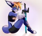  2019 anthro breasts canid canine clothed clothing digital_media_(artwork) female fennec fox holding_object kurtvaliant mammal melee_weapon sitting solo sword weapon 